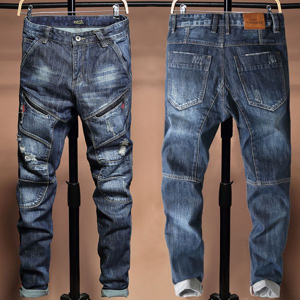 

high-end мотоцикл ретро джинсы мужская осень самосовершенствование отверстие мульти-карман прямой инструмент брюки зимние мужские джинсы tao, Blue