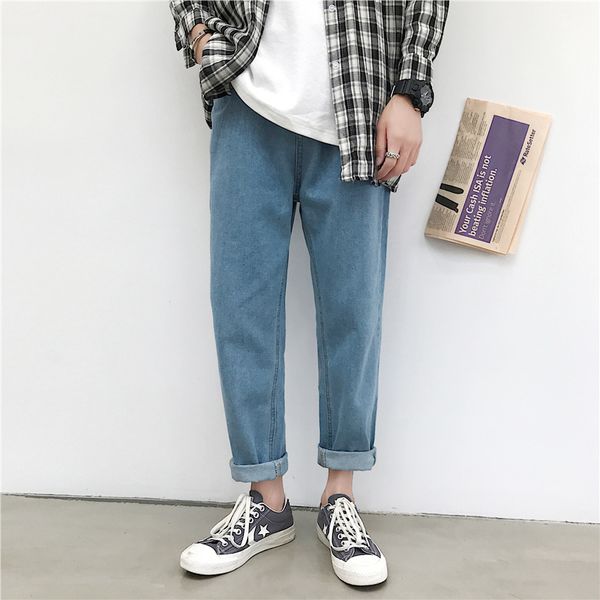 

hong kong wind bf autumn thin washed jeans fashion loose solid color ankle-length pants straight versatile student pants male, White;black