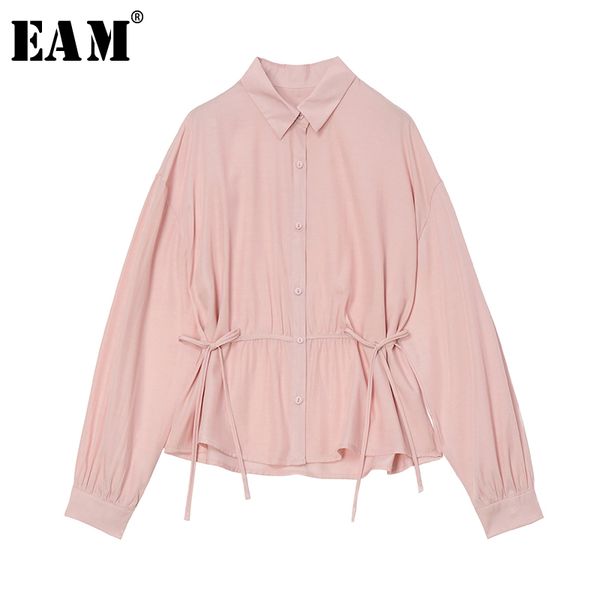 

eam] women bandage bow brief big size blouse new lapel long sleeve loose fit shirt fashion tide spring autumn 2020 1u414, White