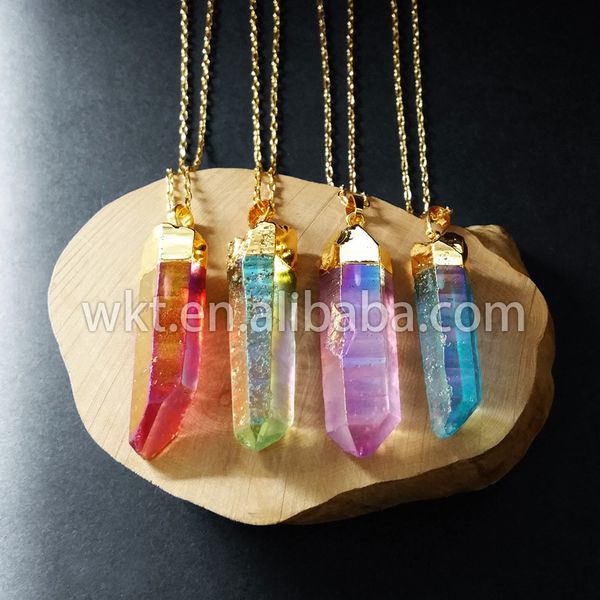 

wt-n495 wholesale aqua aura crystal pendant with gold capped chain aura quartz necklace natural jewelry beaded crystal, Silver