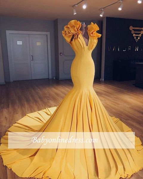 

sexy 2019 новое прибытие желтый русалка пром платья длинные v шеи оборками складки суд поезд вечерние платья вечернее платье vestidos де фие, Black;red