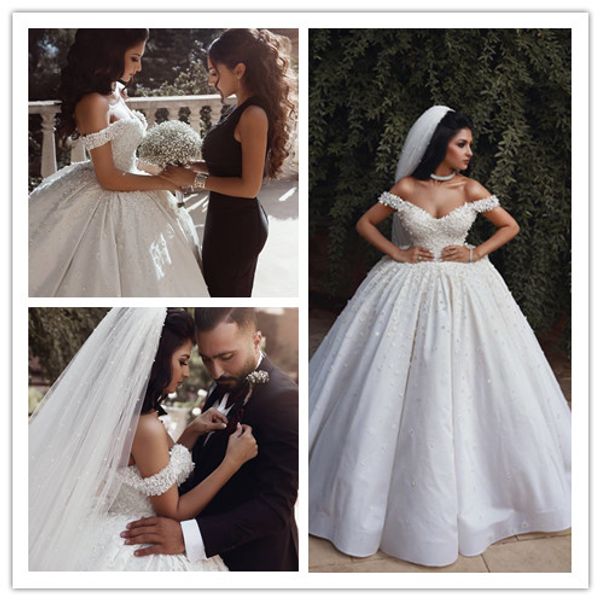 

white satin off shoulder ball gown full beads vintage african wedding dresses wedding dresses plus size 2019 new bridal gowns