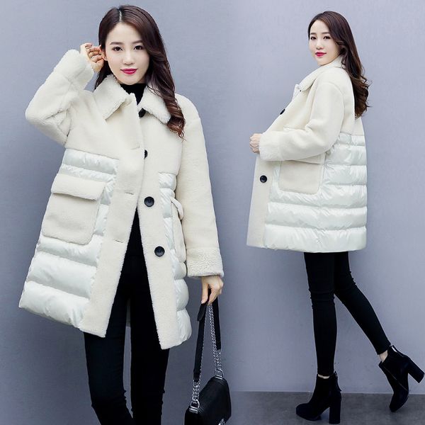 

trend of fashion mid-length lambs wool joint cotton coat 2019 winter new style fur cotton overcoat women's, Blue;black