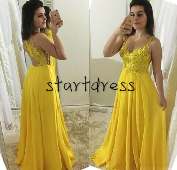 Pretty Sarı Bir Çizgi Gelinlik Modelleri Uzun Spagetti Sapanlar Üst Dantel Aplikler Tam Boy Şifon Örgün Abiye giyim Seksi vestidos de fiesta