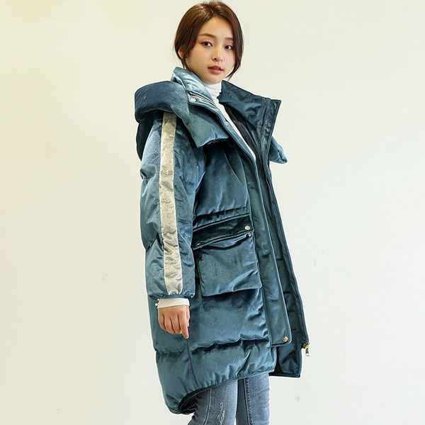 

winter quality down coat superior new women leisure long knees parkas feather white duck down jacket gold velvet jackets, Black