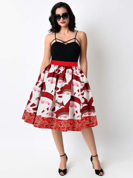 

christmas skirt women skirts 2019 knee length fashion santa digital printed stretchy flared a line skirt, Black