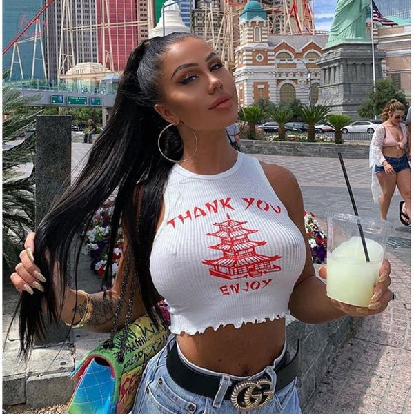 

womens summer knitting perspective tanks vest sport crop shirts tower print drop shipping good quality, White