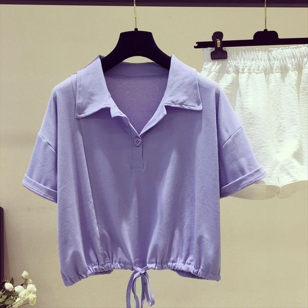 

отворот с короткими рукавами футболки женщина 2020 свободный шнурок высокой талии короткий taro фиолетовый воротник верхней одежды, White