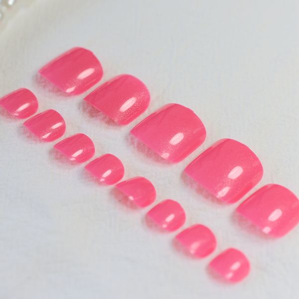 

fashion toenails shimmer watermelon red false toe nails acrylic french short full fake nails for toes 24pcs, Red;gold