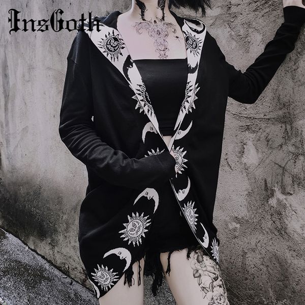 

insgoth женщины chic gothic punk пиджаков плюс размер вязание фуфайки сыпучие moon sun printed long coat punk толстовки, Black