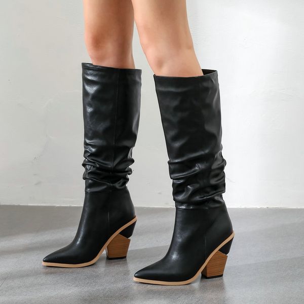 

2019 autumn winter fashion knee high boots women wedges square high heels long boots pointed toe western black white