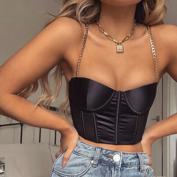 

Februaryfrost 2020 Women Sexy Summer Crop Top Blackless Chain Strap Padded Cropped Bustier Top Casual Satin Crop Tops