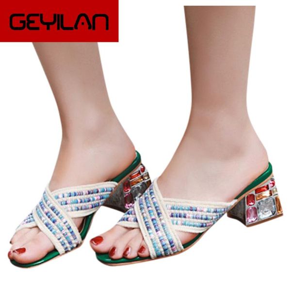 

square heeled slipper women elegant luxury beaded shoes heel beach non-slip slippers casual sandals slippers, Black