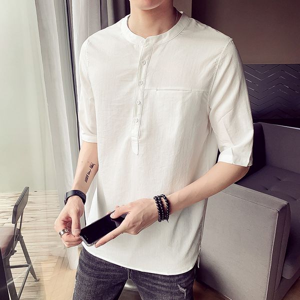 

loldeal summer round neck shirt men's youth shirt, casual loose chinese style men's shirt, White;black