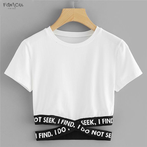 

Contrast Slogan Criss Cross Waist Flutter 2019 Summer Round Neck Short Sleeve Top Women Tee Sleeve Asymmetrical T Shirt