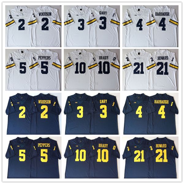 

ncaa mens michigan wolverines blue white 2 woodson 3 gary 4 harbaugh 5 peppers 10 brady 21 howard football jerseys good quality, Black