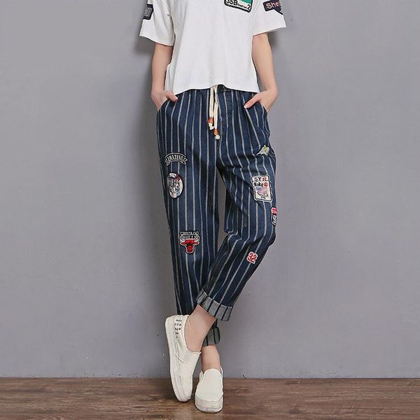 

2xl-6xl plus size 2019 spring new korean version striped cotton jeans women's loose ankle-length was thin wide leg pants wj374, Blue