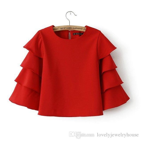 

2016070604 fashion women sweet ruffles red blouses flare o neck shirts half sleeve casual brand blusa renda roupas femininas vintage, White