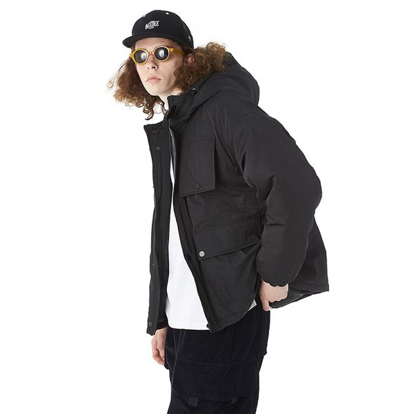 

2019 original winter new monochromatic tooling multi-pocket irregular hooded cotton coat solid color hooded parkas, Black