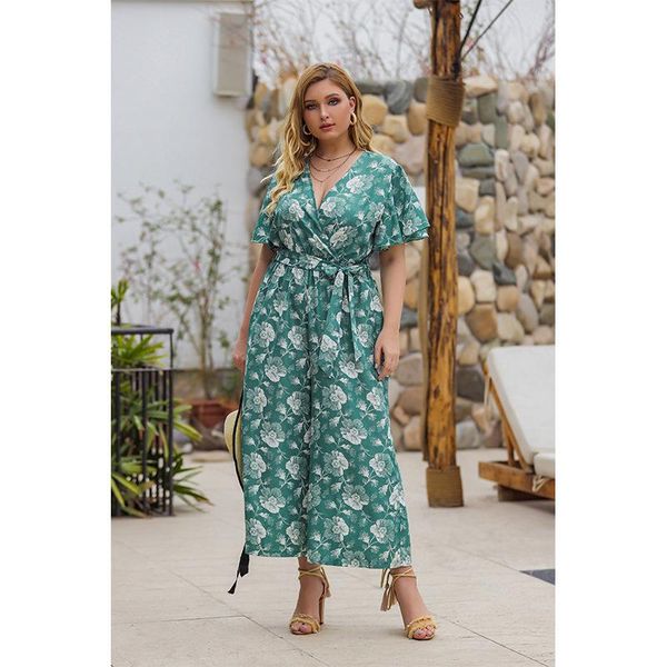 

cocoepps 2020 лето boho цветочные широкие ноги комбинезоны женщины сексуальная v образным вырезом обернуть комбинезон 4xl большой размер пов, Black;white