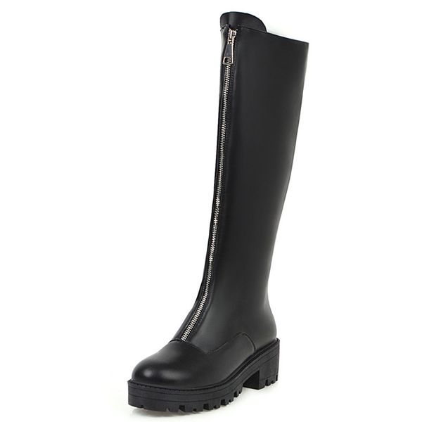 

fashion zipper women's winter high boots comfortable punk low heels knee high boots black white women's shoes large size