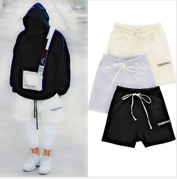 

мужская высокая улица эластичный пояс шорты брюки женщины fg хип-хоп основы печати страх божий брюки любителей cutton сплошной цвет высокое, Black