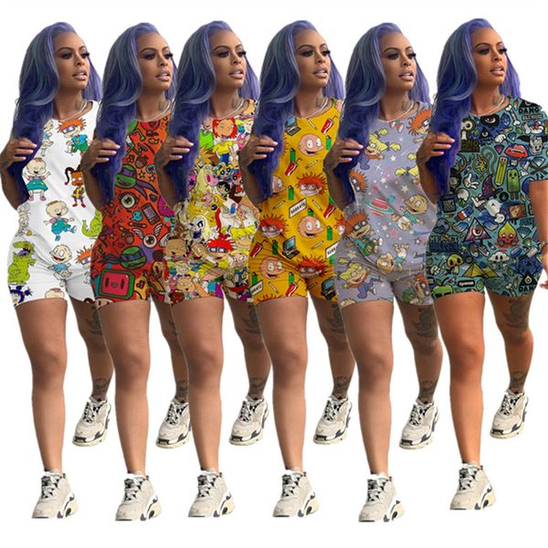 

cartoon print women tracksuit short sleeve t-shirt t shirt + shorts 2 two piece outfits summer o-neck streetwear casual sports suit s-3xl, White