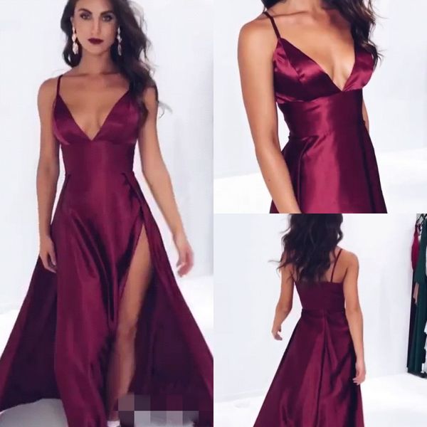 

2019 burgundy sides splits evening dresses deep v neck spaghetti a line prom party gowns bc1084, Black;red