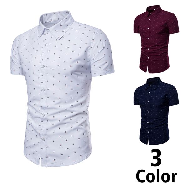 

new men's brand summer breathable short-sleeved european yard anchor printing fashion casual slim beach short-sleeved shirt 3xl, White;black