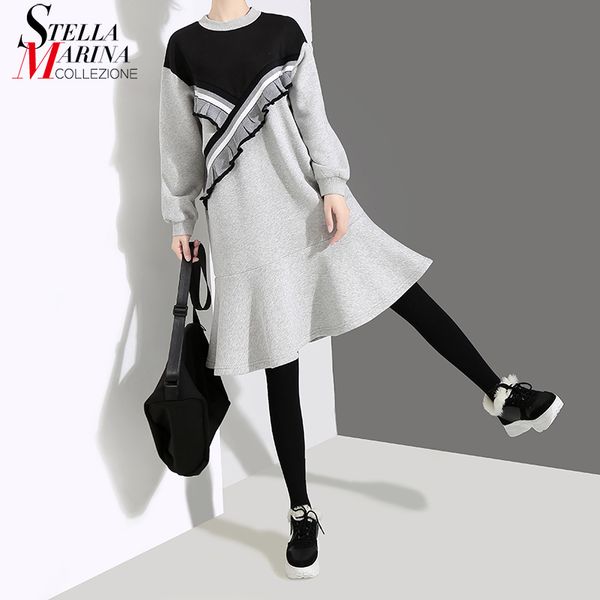 

2019 korean style women autumn winter gray casual trumpet dress long sleeve ruffles lady cute midi flare dress holiday robe 4547, Black;gray