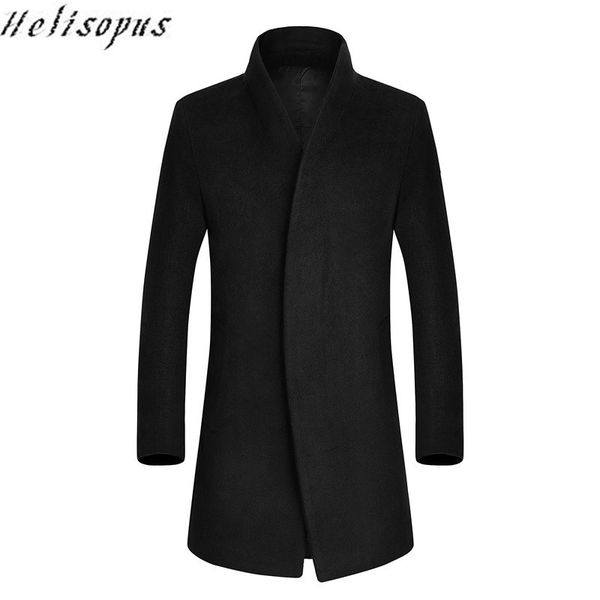 

helisopus autumn winter mens long thicken wool coat business slim fit homme casual trench overcoat masculino, Black