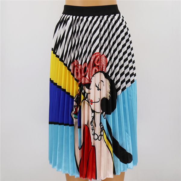

fashion summer patterns character skirt waist skirt women elastic waist spring cartoon pleated long skirts female, Black