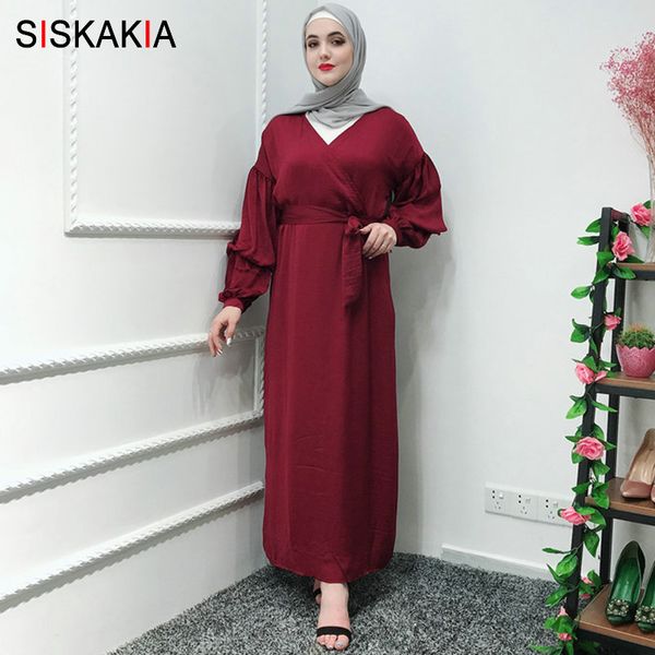 

siskakia puff sleeve long dress islam solid plus size wrap dresses with slim sash fashion sweet wear muslim arabian clothes grey, Red