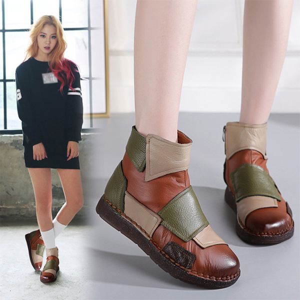 

women vintage genuine leather autumn ankle boots ladies soft stitching retro comfortable platform female winter plush shoes new, Black