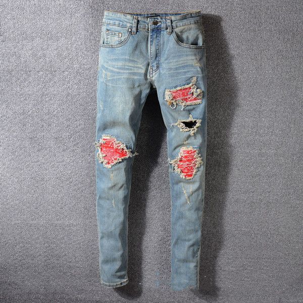

2020 arrival am mens designer jeans fashion denim high street elastic patchwork ancient motorcycle luxury fashion jeans pour hommes, Blue
