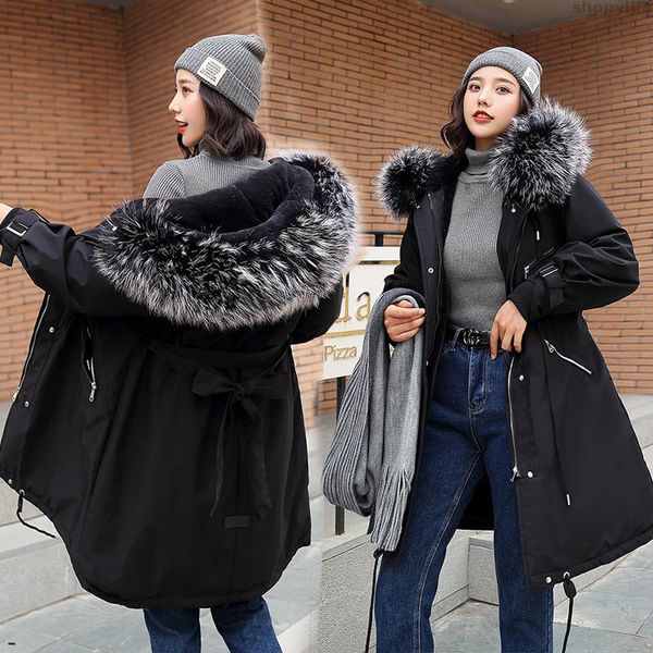 

new mid-length cotton winter coat female slim snow coat thick cotton warm, Black