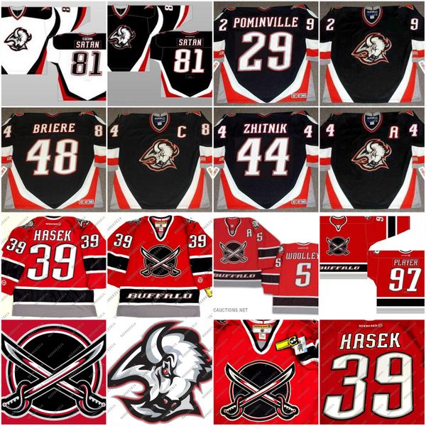 

buffalo sabres jersey 48 daniel brie 39 dominik hasek 29 jason pominville 81 satan 9 derek roy jason woolley hockey jersey, Black;red