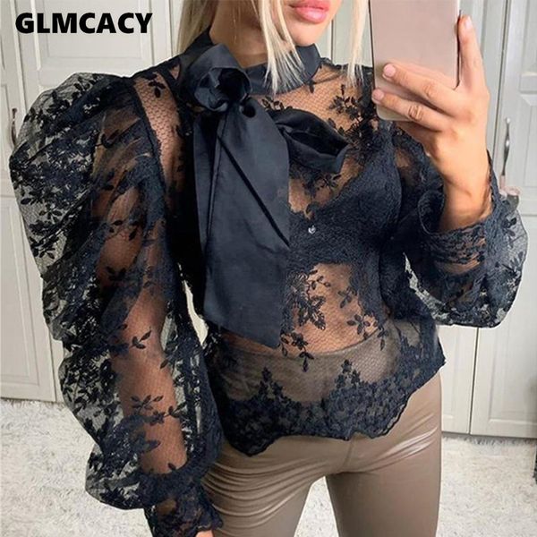 

women lace embroider mesh blouse puffed sleeve blouse shirts long sleeve bow tie collar shirt, White