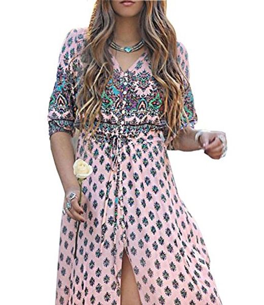 

mansy women's 3/4 sleeve button down boho floral print split flowy party maxi dress, Black;gray
