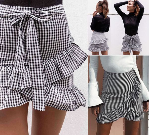 

designer pleated skirt lady womens stretch plain high waist plaid skater flared ruffle plaid striped a line short mini skirts, Black