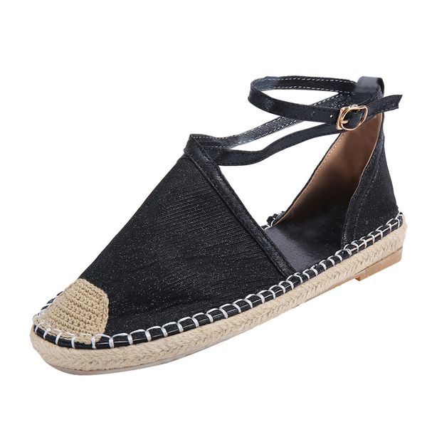 

vintage summer sandals plus size women shoes straw round toe flat ankle casual sequin shoes buckle strap rome style sandals 2019, Black