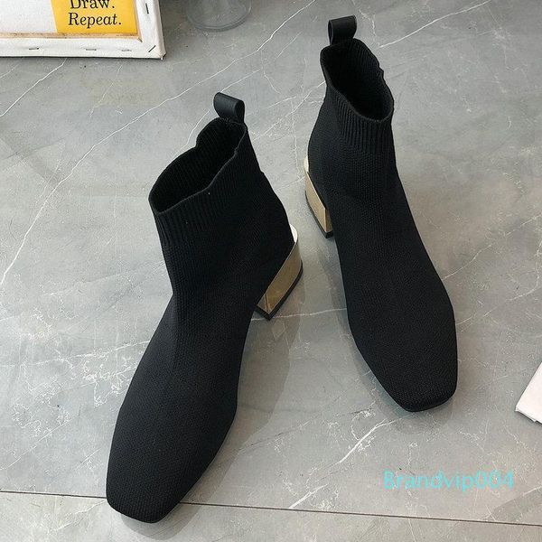 

2019 new concise spring/autumn female ankle boots women's med heels elastic band booties woman all-match daily dress shoes, Black