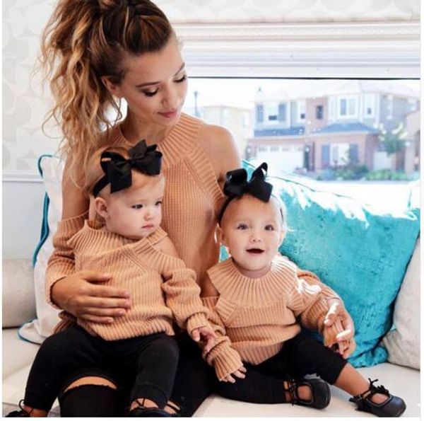 

2019 autumn winter mom daughter family match clothes off shoulder long sleeve knitwear sweater pullover autumn winter dressses, Blue