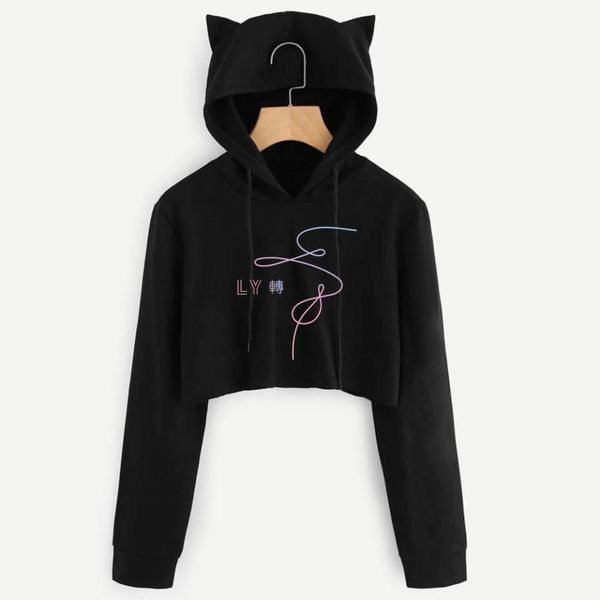 

bts album love yourself tear fake love kpop long sleeve cropped hoodies sweatshirt women cat hooded pullover crop clothes casual, Black