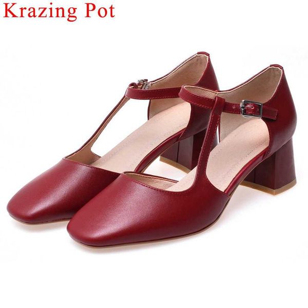 

krazing pot genuine leather chunky med heels buckle strap hollow women pumps square toe young girls plus size party shoes l76, Black