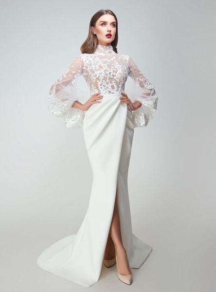 

2018 Yousef Aljasmi Mermaid Evening Dresses Appliqued Long Sleeves High Neck Side Split Prom Gowns Sweep Train Arabic Formal Dress