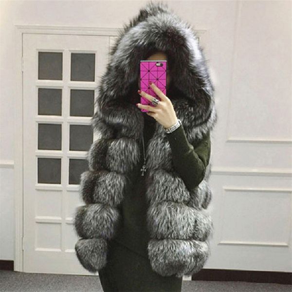 

lededaz new fur hooded vest coat & jacket sleeveless fluffy middle long faux fur vest 4xl plus size autumn winter jacket, Black