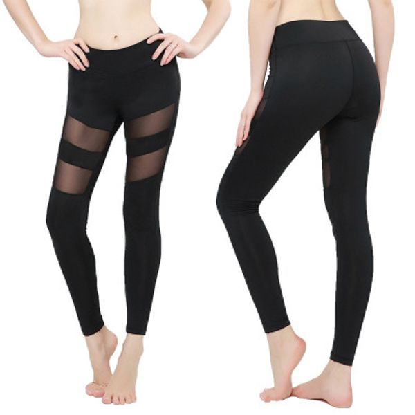 

womens leggings autumn spring fitness plus size sports yoga pants hollow leggings tight trousers mesh size s-3xl, Black