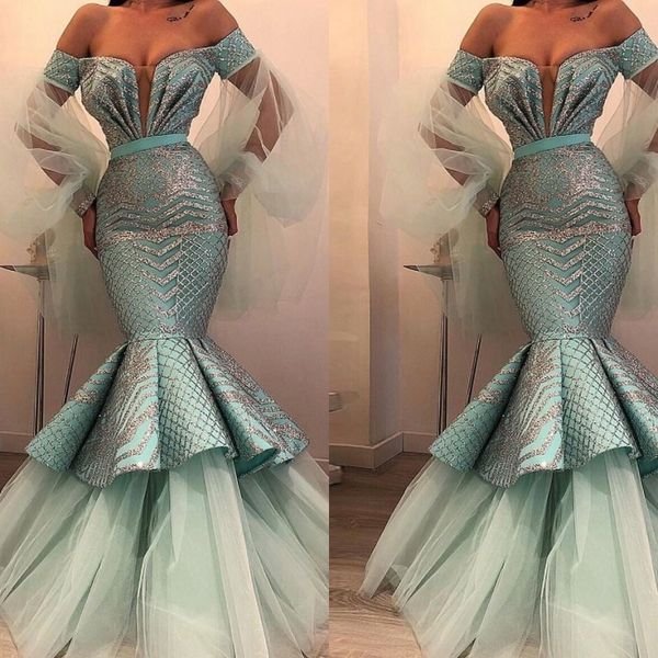 

sparkle 2020 mint green crystal mermaid evening dresses with puff full sleeves off the shoulder long prom gowns robe de soiree, Black;red