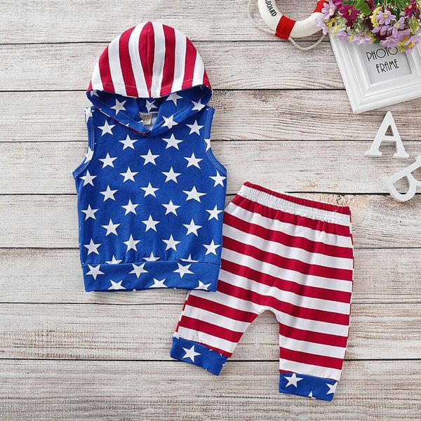 

2019 new summer 2pcs newborn toddler kids baby boy clothes independence day cotton chooded t-shirt tops+pants outfits set, White